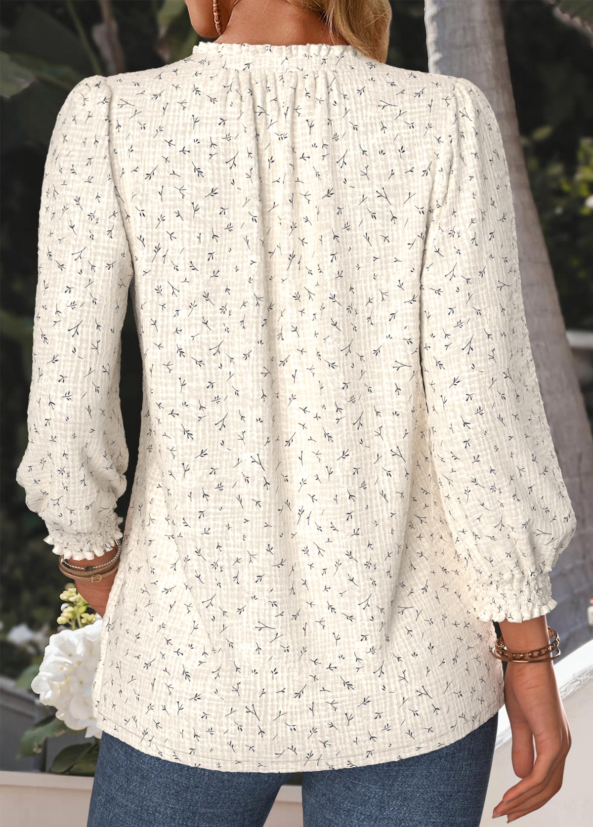 Beige tops,Floral tops,Plants tops,ROTITA Floral Print Beige V Neck Long Sleeve Blouse