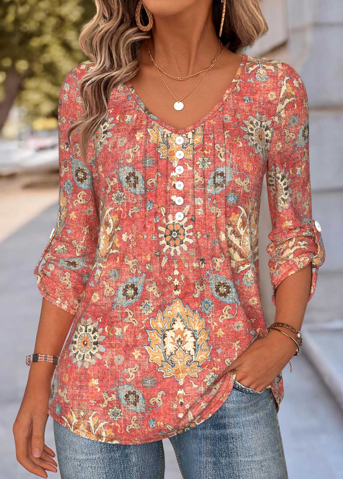 Coral tops,Tribal tops,ROTITA Tummy Coverage Tribal Print Coral V Neck Blouse