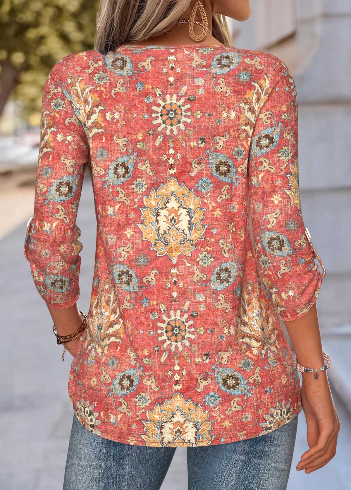 Coral tops,Tribal tops,ROTITA Tummy Coverage Tribal Print Coral V Neck Blouse