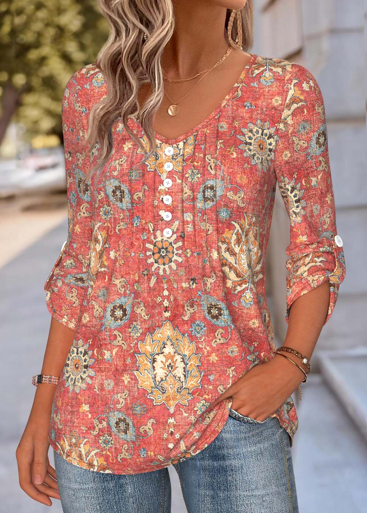 Coral tops,Tribal tops,ROTITA Tummy Coverage Tribal Print Coral V Neck Blouse