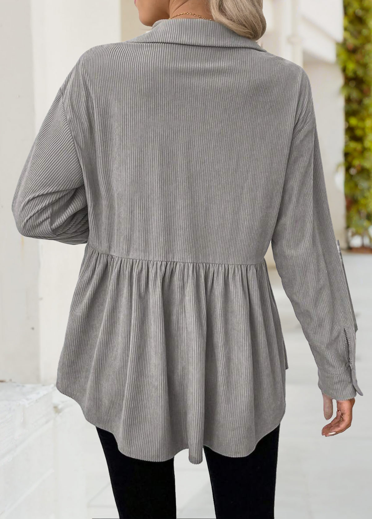 Light Grey tops,Plain Color tops,ROTITA Light Grey Shirt Collar Long Sleeve Shacket