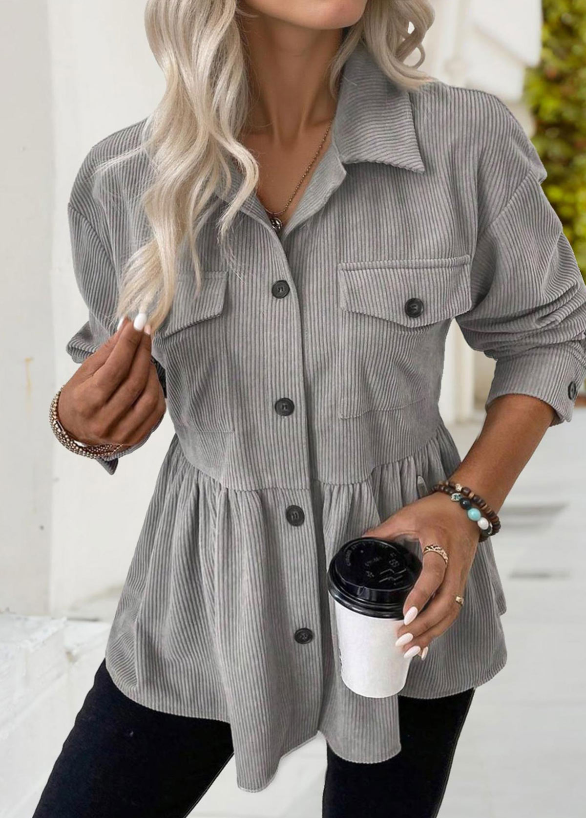 Light Grey tops,Plain Color tops,ROTITA Light Grey Shirt Collar Long Sleeve Shacket