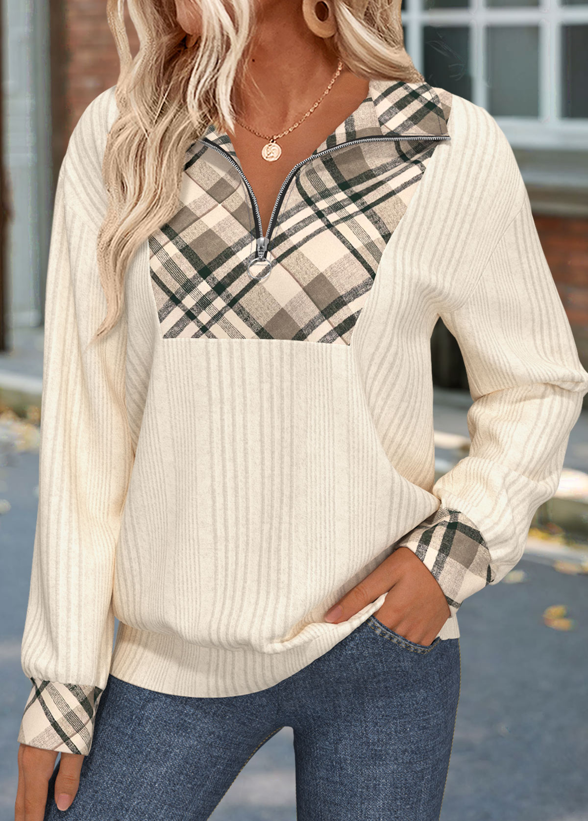 Beige tops,Plaid tops,Geometric tops,ROTITA Zipper Plaid Beige Turn Down Collar Sweatshirt