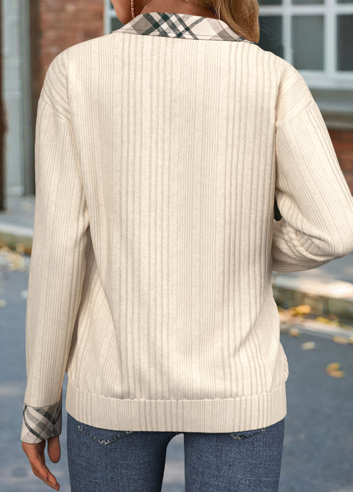 Beige tops,Plaid tops,Geometric tops,ROTITA Zipper Plaid Beige Turn Down Collar Sweatshirt