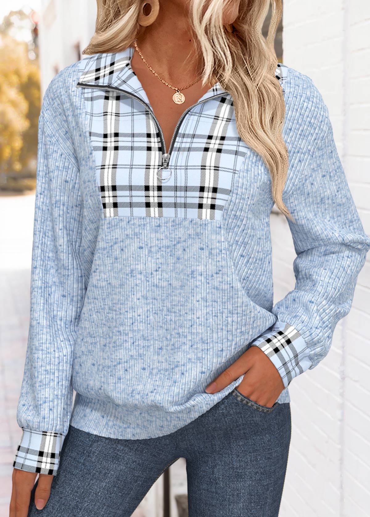 Light Blue plus size,Plaid plus size,Geometric plus size,ROTITA Plus Size Tummy Coverage Light Blue Plaid Sweatshirt