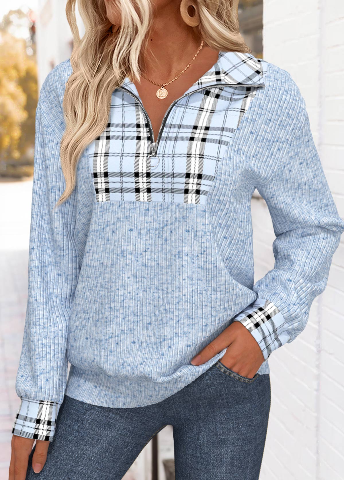 Light Blue plus size,Plaid plus size,Geometric plus size,ROTITA Plus Size Tummy Coverage Light Blue Plaid Sweatshirt