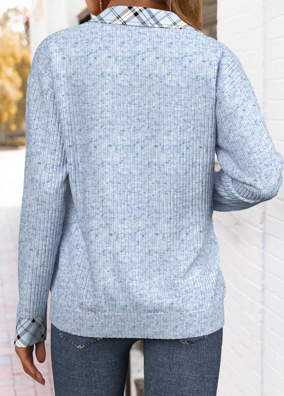 Light Blue plus size,Plaid plus size,Geometric plus size,ROTITA Plus Size Tummy Coverage Light Blue Plaid Sweatshirt