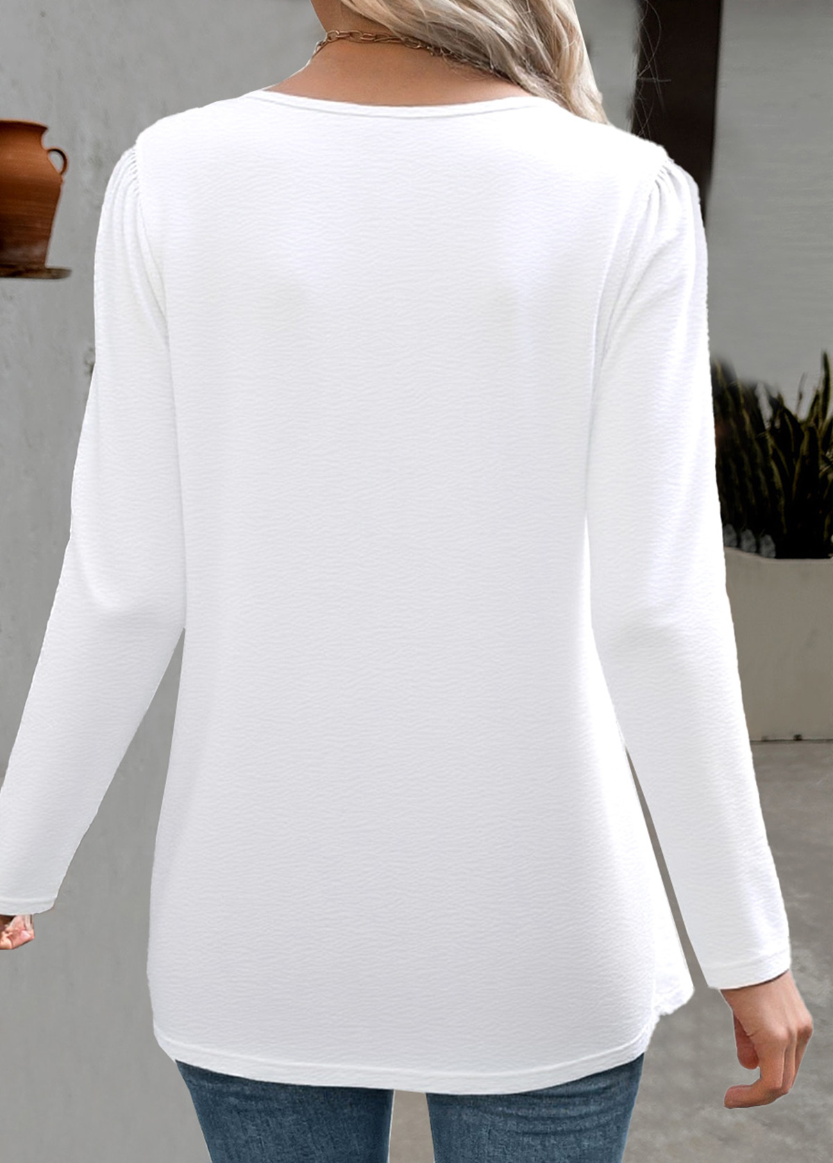 White tops,Plain Color tops,ROTITA White Round Neck Long Sleeve T Shirt