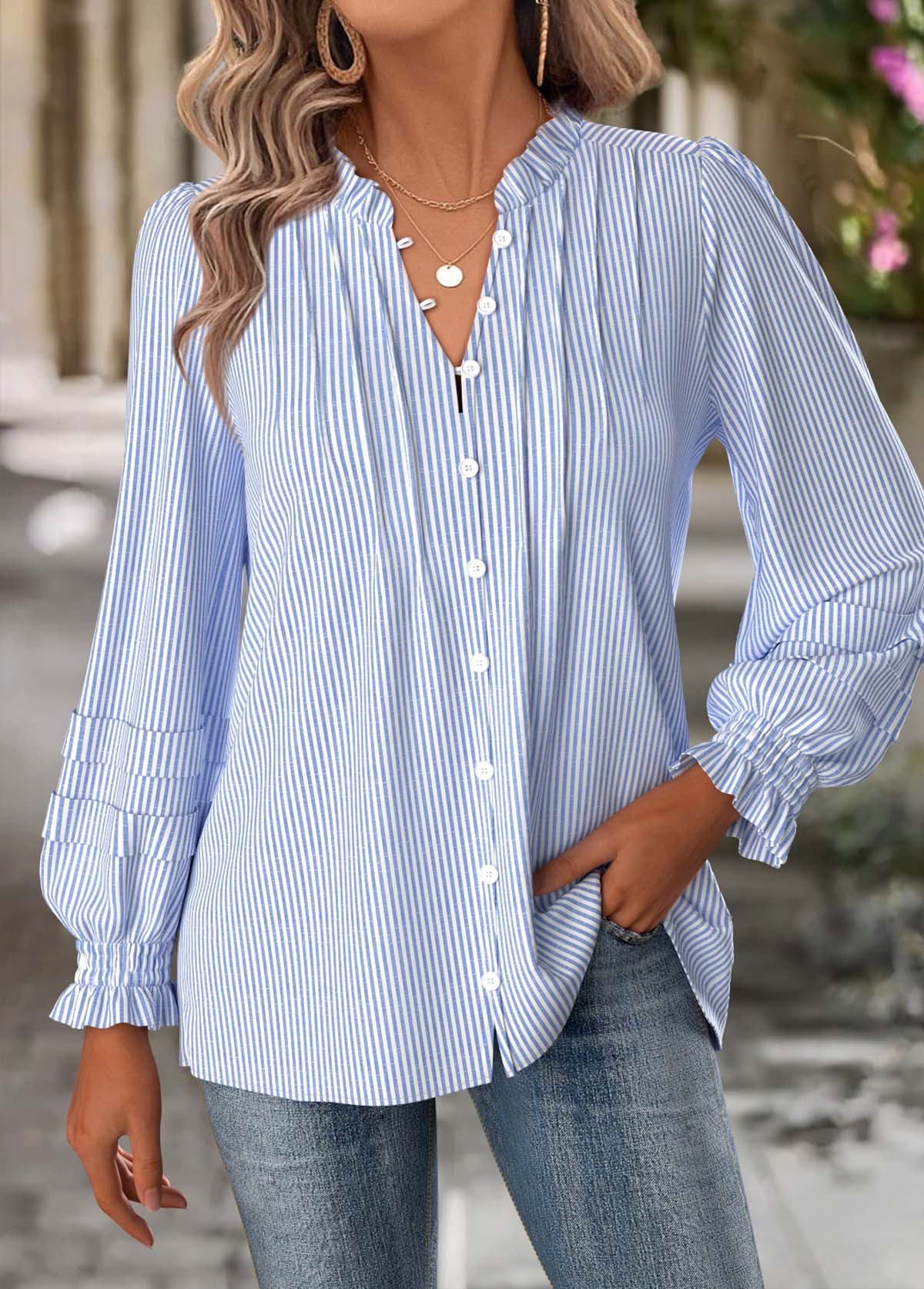 Blue tops,Striped tops,Geometric tops,ROTITA Tummy Coverage Striped Blue Split Neck Long Sleeve Blouse