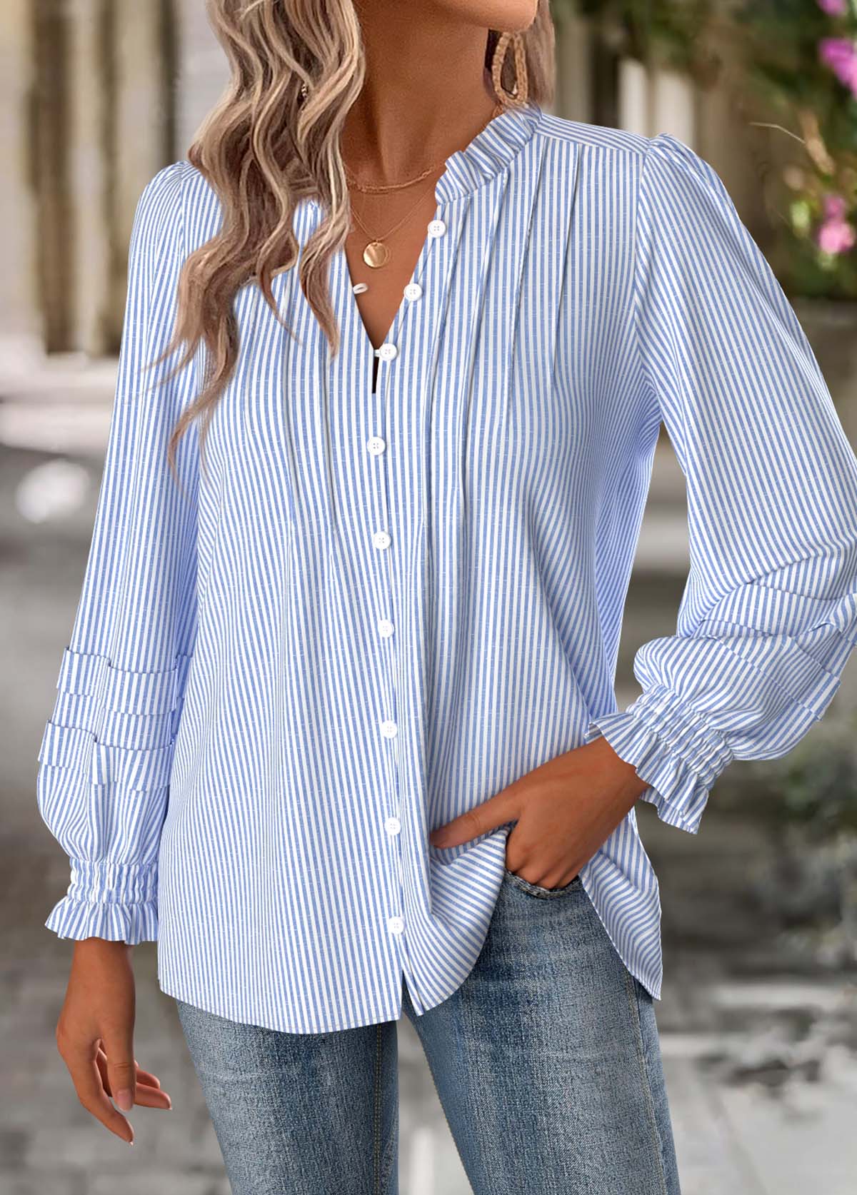 Blue tops,Striped tops,Geometric tops,ROTITA Tummy Coverage Striped Blue Split Neck Long Sleeve Blouse
