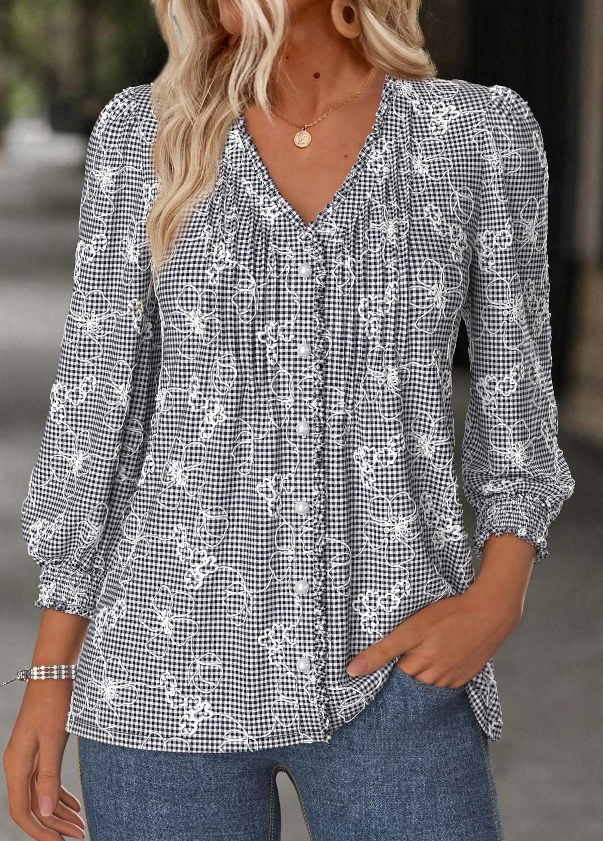 Black tops,Plaid tops,Geometric tops,ROTITA Tummy Coverage Plaid Black V Neck Long Sleeve Blouse