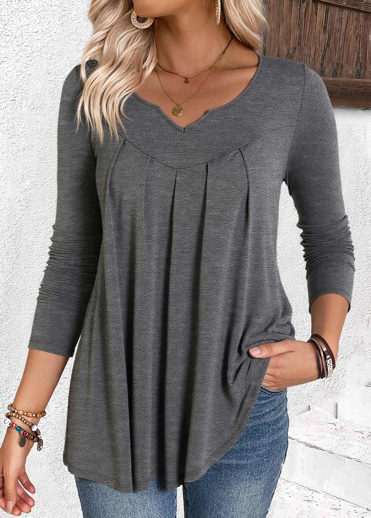 Grey tops,Plain Color tops,ROTITA Pleated Grey Split Neck Long Sleeve T Shirt