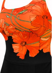 Black swimwear,Orange swimwear,Floral swimwear,Plants swimwear,ROTITA Tie Black Floral Print One Piece Swimdress