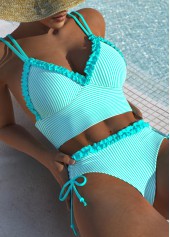 Cyan swimwear,Striped swimwear,Geometric swimwear,ROTITA Frill Cyan Striped Mid Waisted Bikini Set