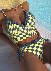 Light Yellow swimwear,Plaid swimwear,Geometric swimwear,ROTITA Two Piece Light Yellow Plaid Mid Waisted Bikini Set