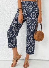 Navy bottoms,Tribal bottoms,Tribal Print Navy Straight Leg Elastic Waist Pants