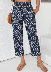 Navy bottoms,Tribal bottoms,Tribal Print Navy Straight Leg Elastic Waist Pants