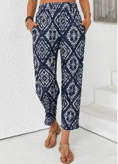 Navy bottoms,Tribal bottoms,Tribal Print Navy Straight Leg Elastic Waist Pants