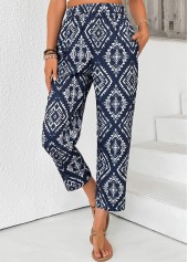 Navy bottoms,Tribal bottoms,Tribal Print Navy Straight Leg Elastic Waist Pants