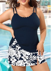Navy plus size,Plants plus size,ROTITA Plus Size Mid Waisted Tropical Plants Print Tankini Set