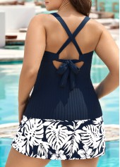 Navy plus size,Plants plus size,ROTITA Plus Size Mid Waisted Tropical Plants Print Tankini Set