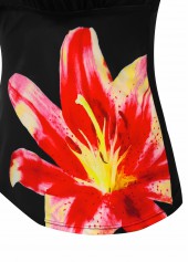 Black swimwear,Floral swimwear,Plants swimwear,ROTITA Black Floral Print Mid Waisted Tankini Set