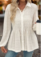 Beige tops,Plain Color tops,ROTITA Tummy Coverage Beige Shirt Collar Long Sleeve Blouse