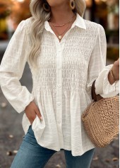 Beige tops,Plain Color tops,ROTITA Tummy Coverage Beige Shirt Collar Long Sleeve Blouse