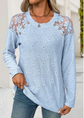 Light Blue tops,Plain Color tops,ROTITA Light Blue Round Neck Long Sleeve T Shirt