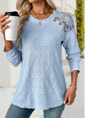 Light Blue tops,Plain Color tops,ROTITA Light Blue Round Neck Long Sleeve T Shirt