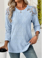 Light Blue tops,Plain Color tops,ROTITA Light Blue Round Neck Long Sleeve T Shirt
