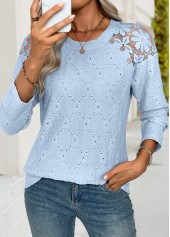 Light Blue tops,Plain Color tops,ROTITA Light Blue Round Neck Long Sleeve T Shirt