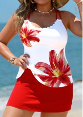 Red swimwear,Floral swimwear,Plants swimwear,ROTITA Red Floral Print Mid Waisted Tankini Set
