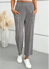 Light Grey bottoms,Plain Color bottoms,Light Grey Straight Leg Elastic Waist Mid Waisted Pants