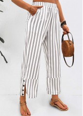Light Grey bottoms,Striped bottoms,Geometric bottoms,Striped Light Grey Elastic Waist Mid Waisted Pants
