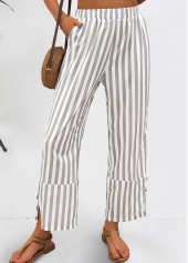Light Grey bottoms,Striped bottoms,Geometric bottoms,Striped Light Grey Elastic Waist Mid Waisted Pants