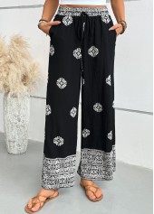 Black bottoms,Tribal bottoms,Tribal Print Black Wide Leg Elastic Waist Pants