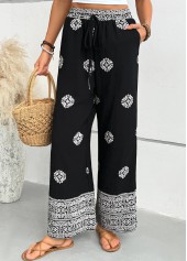 Black bottoms,Tribal bottoms,Tribal Print Black Wide Leg Elastic Waist Pants