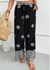 Black bottoms,Tribal bottoms,Tribal Print Black Wide Leg Elastic Waist Pants