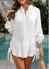 White swimwear,Plain Color swimwear,White Long Sleeve Shirt Collar Cover Up