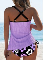Purple swimwear,Floral swimwear,Plants swimwear,ROTITA Purple Floral Print Mid Waisted Tankini Set