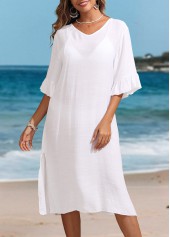 White swimwear,Plain Color swimwear,Ruffle V Neck White Split Cover Up