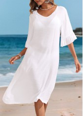 White swimwear,Plain Color swimwear,Ruffle V Neck White Split Cover Up