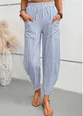 Dusty Blue bottoms,Striped bottoms,Geometric bottoms,Striped Dusty Blue Elastic Waist High Waisted Pants