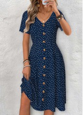 Navy dresses,Dot dresses,Everyday dresses,Casual dresses,ROTITA Polka Dot Navy V Neck Short Sleeve Dress