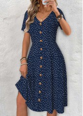 ROTITA Polka Dot Navy V Neck Short Sleeve Dress