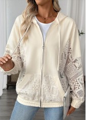 Rotita Beige Kapuzenpullover mit langen Ärmeln und Taschenreißverschluss