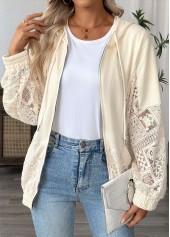 Beige tops,Plain Color tops,ROTITA Beige Long Sleeve Pocket Zipper Hoodie