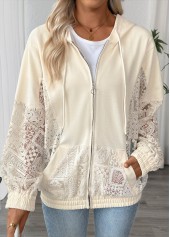 Beige tops,Plain Color tops,ROTITA Beige Long Sleeve Pocket Zipper Hoodie