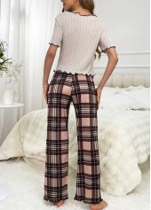Light Coffee loungewear,Plaid loungewear,Geometric loungewear,Plaid Light Coffee Round Neck Lounge Top and Pants